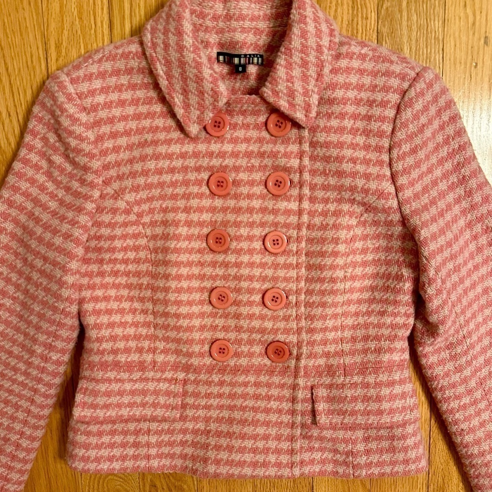 Dalia Womens Pink Cream Houndstooth Wool Blend Blazer Jacket Sz 8 - Picture 2 of 8